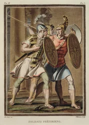 Soldati della Guardia pretoriana, costumi per «Britannico» di Jean Racine, dal volume II delle «Ricerche sui costumi e sul teatro di tutte le nazioni», inciso da Villeneuve, 1802